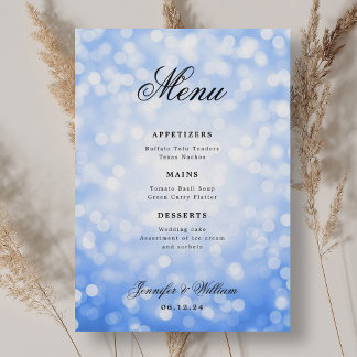 Menu Élégant Script Mariage Navy Blue Bokeh Lumières