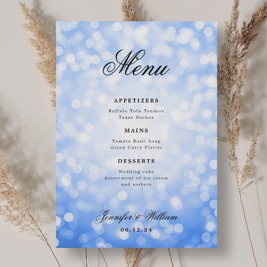 Menu Élégant Script Mariage Navy Blue Bokeh Lumières