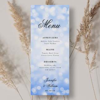 Menu Élégant Script Mariage Navy Blue Bokeh Lumières