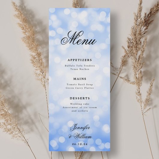 Menu Élégant Script Mariage Navy Blue Bokeh Lumières