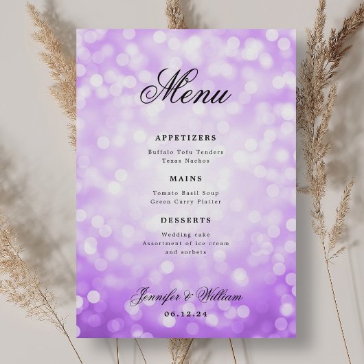 Menu Élégant Script Mariage Purple Bokeh Lumières