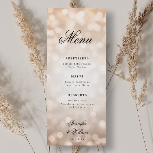 Menu Élégant Script Mariage Rose Gold Bokeh Lumières