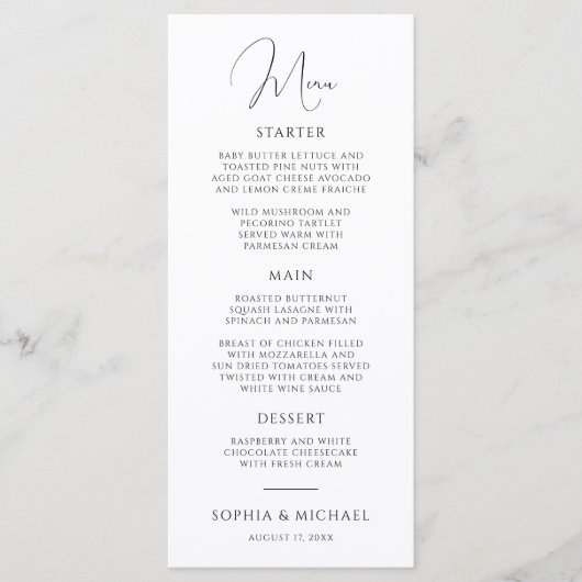 Menu Élégant Script Moderne Mariage noir et blanc (Devant)