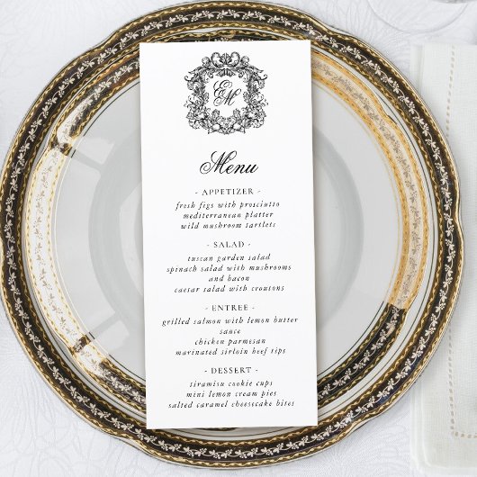 Menu Élégant Script Monogram Crest Mariage