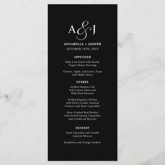 Menu Élégant Script Monogramme Formal Black Mariage (Devant)