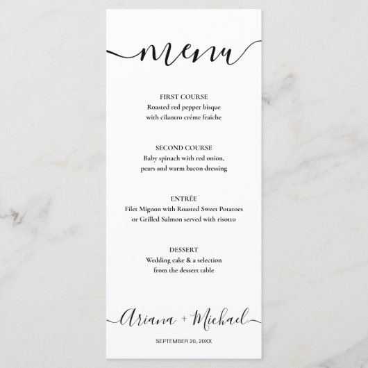 Menu Élégant Script noir blanc Mariage personnalisable (Devant)