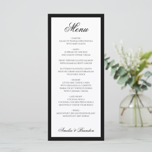 Menu Élégant script officiel Mariage noir et blanc (Debout devant)