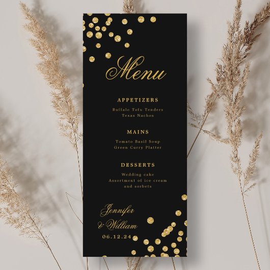 Menu Élégant Script Romantique Mariage Confetti Gold Bl