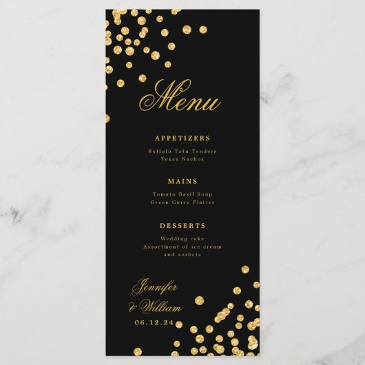 Menu Élégant Script Romantique Mariage Confetti Gold Bl (Devant)
