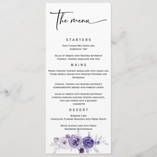 Menu Elegant Silver en Paarse bruiloft (Voorkant)