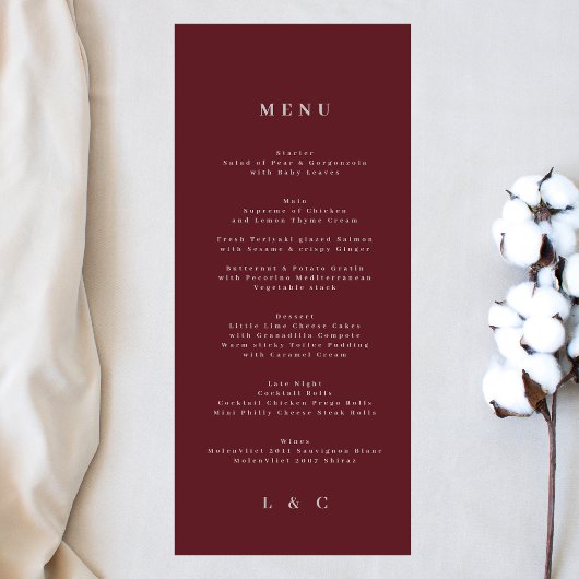 Menu Elégant simple marine bordeaux blanc Monogramme