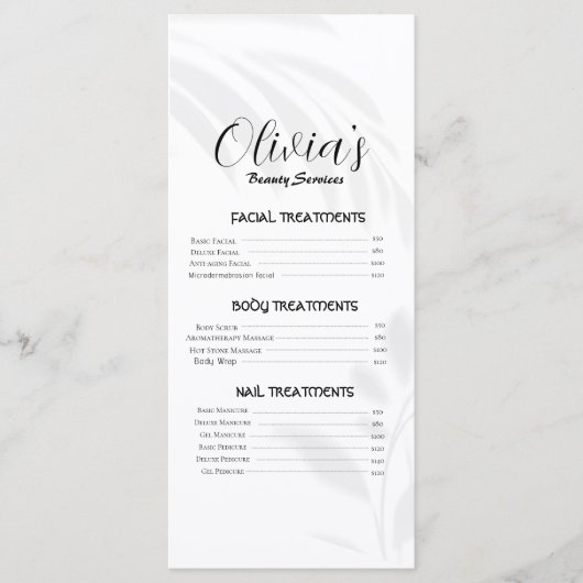 Menu Elegant Soft White Beauty Services Tarifs (Devant)