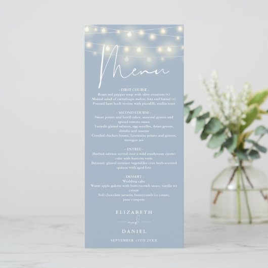 Menu Elegant String Lights Dusty Blue Wedding Dinner (Debout devant)