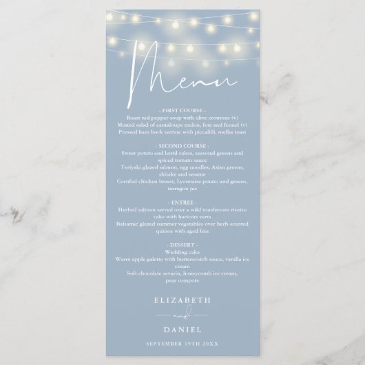 Menu Elegant String Lights Dusty Blue Wedding Dinner (Devant)