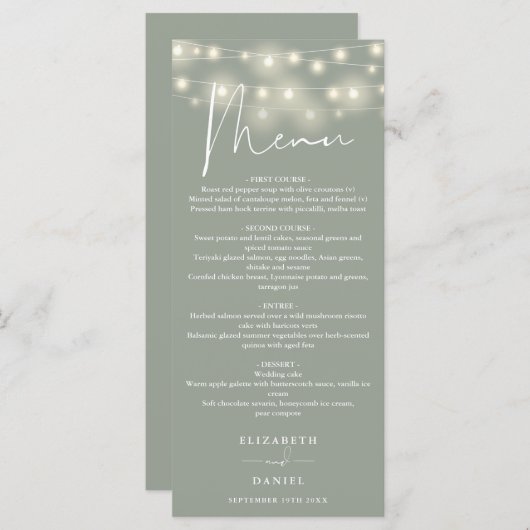 Menu Elegant String Lights Sage Green Wedding Dinner (Devant / Derrière)