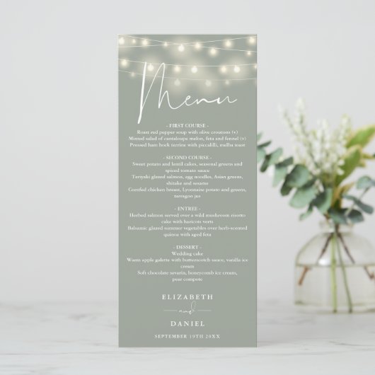Menu Elegant String Lights Sage Green Wedding Dinner (Debout devant)