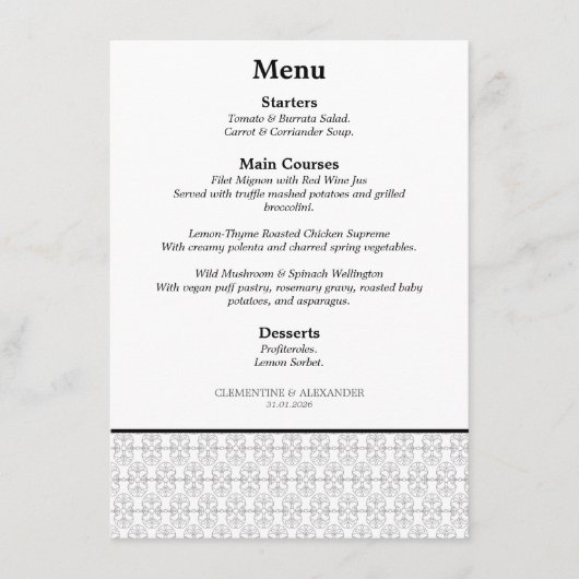 Menu Élégant style Art Déco noir et blanc (Devant)