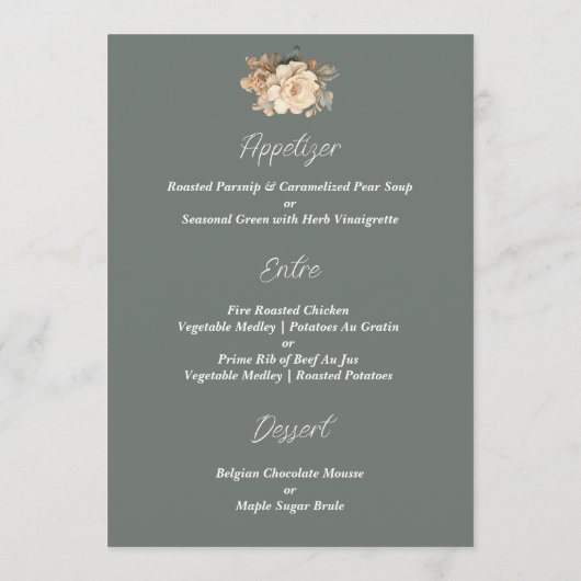 Menu Élégant Taupe Avec Mariage Floral Vert (Dos)