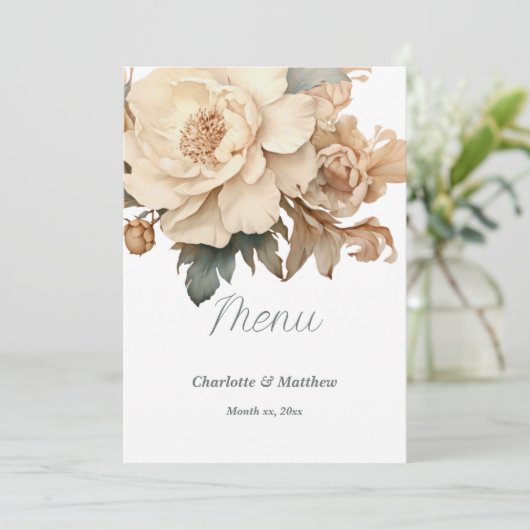 Menu Élégant Taupe Avec Mariage Floral Vert (Debout devant)