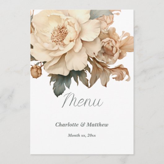 Menu Élégant Taupe Avec Mariage Floral Vert (Devant)
