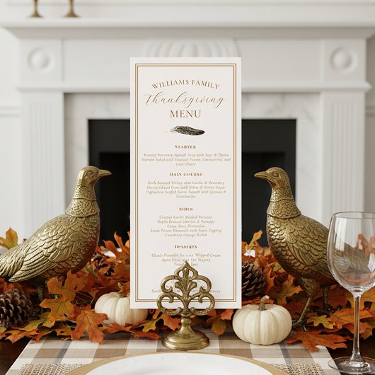 Menu Elegant Thanksgiving Dinner Fall Pheasant Feather