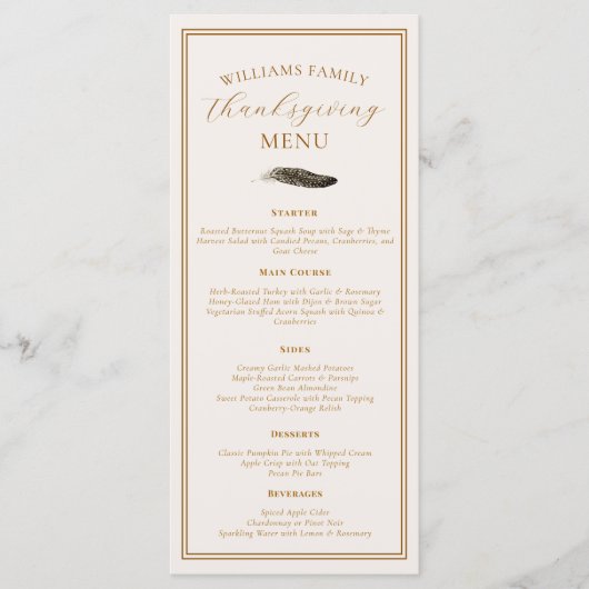 Menu Elegant Thanksgiving Dinner Fall Pheasant Feather  (Devant)