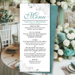 Menu Élégant Turquoise avec des torsades d'argent sur M<br><div class="desc">Ce beau menu ajoutera un peu de style à votre réception de mariage. Il présente une belle conception avec des boucles et des tourbillons en faux feuille gris argenté ornés sur un arrière - plan blanc classique, avec du texte de couleur turquoise ou turquoise et un dos marbré. Il y...</div>
