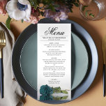 Menu Elégant Turquoise Turquoise Rose Réflexions Mariag<br><div class="desc">Ce beau menu ajoutera un peu de style à votre réception de mariage. Il présente un design magnifique et romantique avec une seule rose turquoise ou turquoise posée sur son côté, se reflétant dans une piscine d'eau aux vagues et aux vagues. Il y a de l'espace pour les noms du...</div>