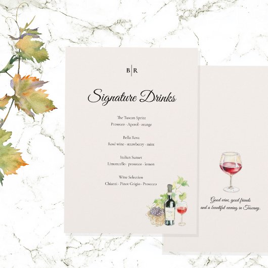Menu Elegant Tuscany Signature Drinks Wedding Sign