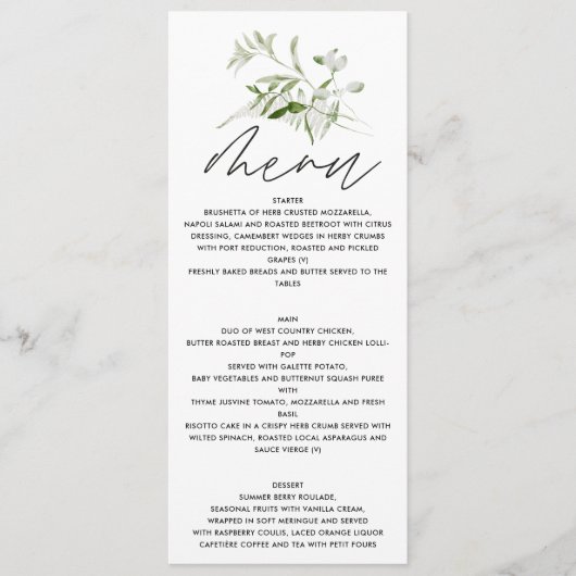 Menu Élégant vert mariage de script botanique moderne (Devant)
