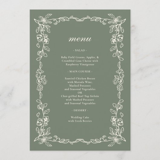 Menu Elegant Victorian Sage Green Wedding (Devant)