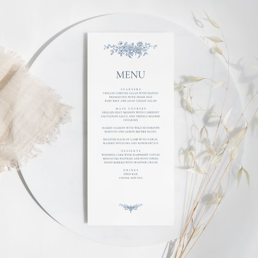 Menu Élégant Vintage Floral Blue Mariage