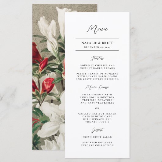 Menu Élégant Vintage Florals d'hiver Mariage (Devant / Derrière)