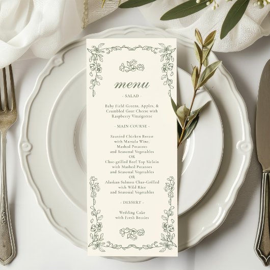 Menu Elegant Vintage Sage Green Wedding