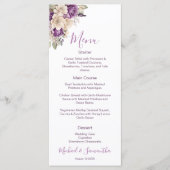 Menu Élégant violet et ivoire Rose Mariage (Devant)