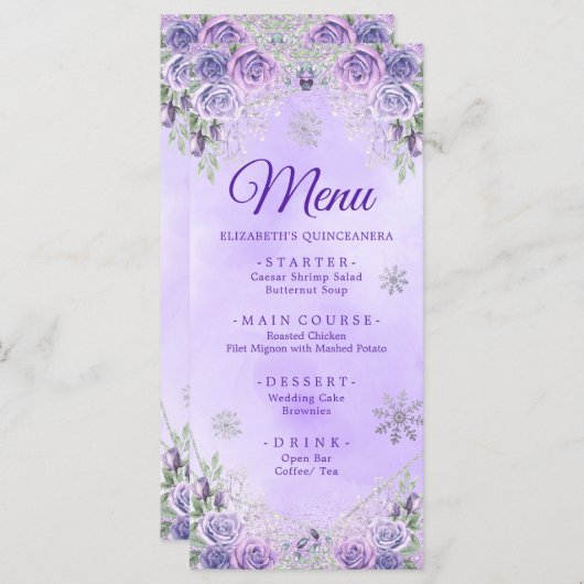 Menu Élégant violet flocon de neige Noël Mis Xv Años (Devant / Derrière)