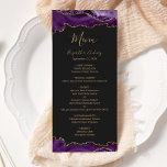 Menu Élégant violet or Agate Mariage foncé<br><div class="desc">Ce menu mariage moderne et élégant présente des bordures de haut et de bas d'agate d'aquarelle violette parée de parties scintillant en faux or. Le texte apparaît dans une élégante écriture manuscrite de couleur or, des polices italique et cuivre sur un arrière - plan noir ardoise. La conception de l'agate...</div>