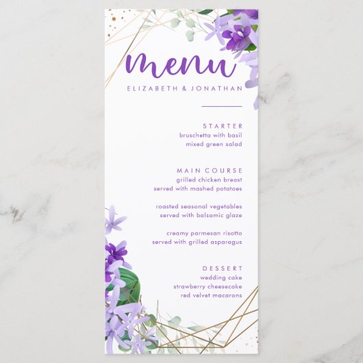 Menu Elégant violet or Mariage géométrique Fleurs (Devant)