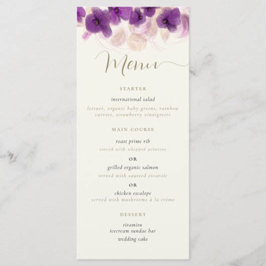 Menu Élégant violet orchidée Dieu Calligraphie Chic Mar (Devant)