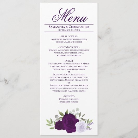 Menu Elégant violet Roses Boho Chic Mariage (Devant)