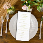 Menu Elegant Wedding Calligraphy Gold White Dinner Chic<br><div class="desc">Elegant traditional Wedding Menu features a romantic formal classic design. Two decorative flourishes each containing a single heart beautifully surround the "Wedding Menu" title. Personalize all details in delicate yellow gold-tone color lettering and script. A transparent background allows the beauty of your paper choice to be appreciated on the front...</div>