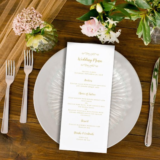 Menu Elegant Wedding Calligraphy Gold White Dinner Chic
