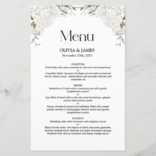 Menu Elegant White Floral Wedding (Voorkant)