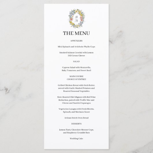 Menu Elegant Wildflower Floral Monogram Crest Wedding (Devant)