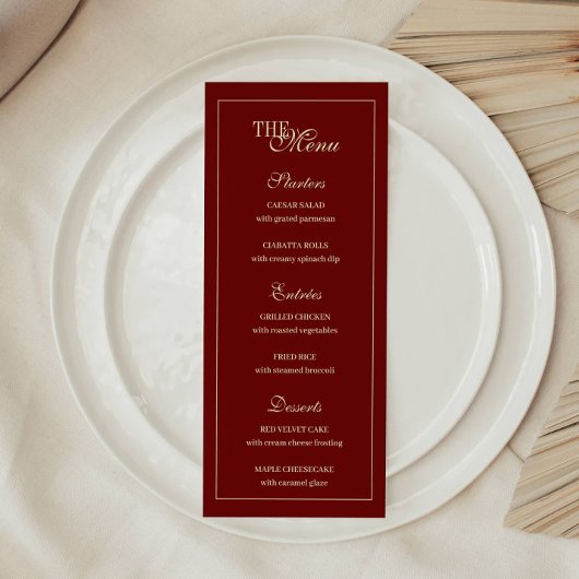 Menu Elegant Wine Red Script Monogram Wedding