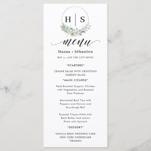 Menu Elegant Wreath Monogram Wedding  (Devant)