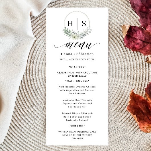 Menu Elegant Wreath Monogram Wedding 
