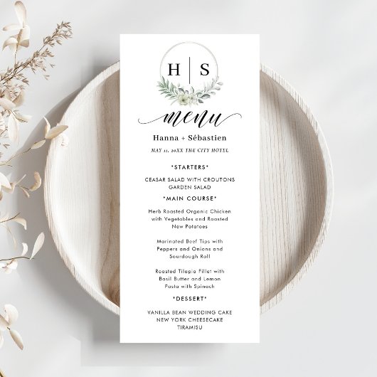 Menu Elegant Wreath Monogram Wedding 