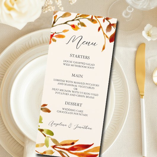 Menu Elégante aquarelle Automne Feuilles Dîner Mariage