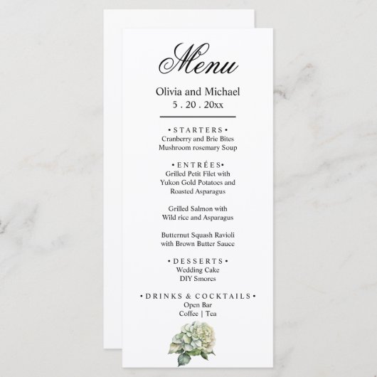 Menu Elégante aquarelle blanche vert hydrangée florale (Devant / Derrière)